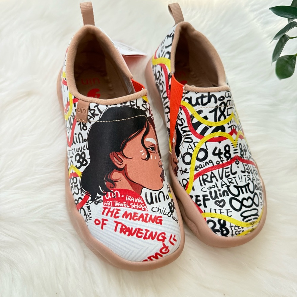 UIN Women's Colorful Graffiti Slip-On Flats - Red, Yellow, Black, White Size 7